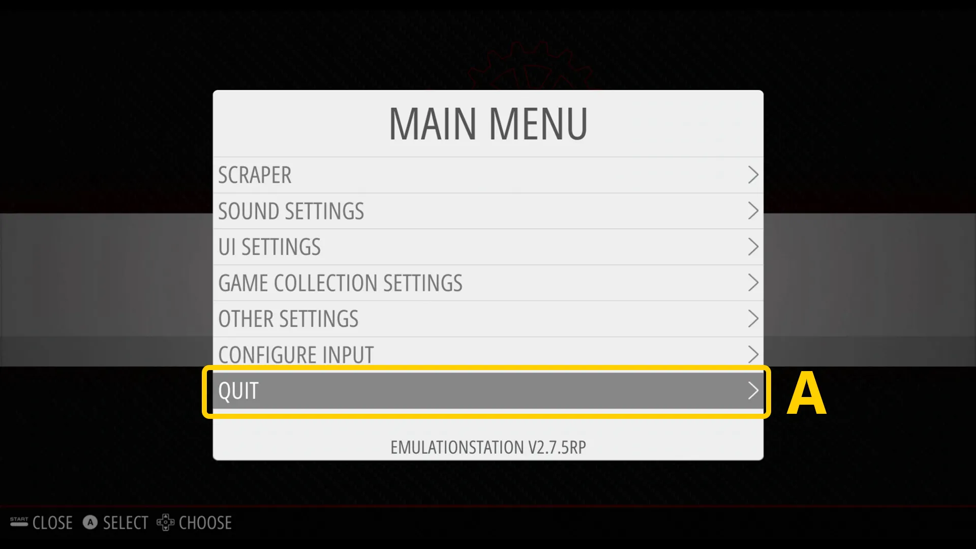 RetroPie Main Menu – Quit auswählen
