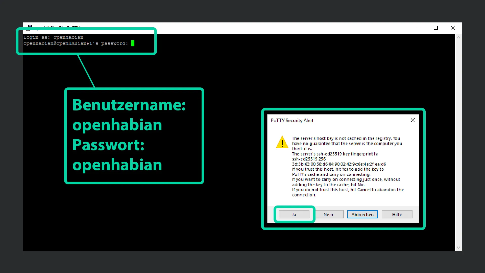PuTTY: Host-Key bestätigen und anmelden