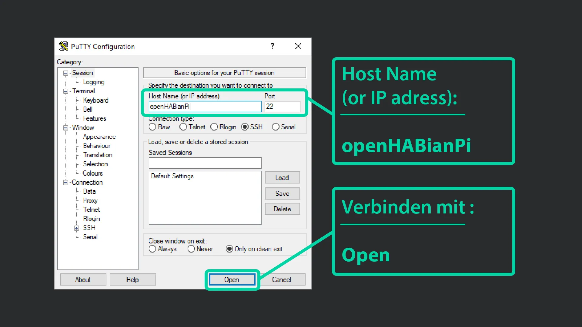 PuTTY: Verbindung zu openHABian herstellen