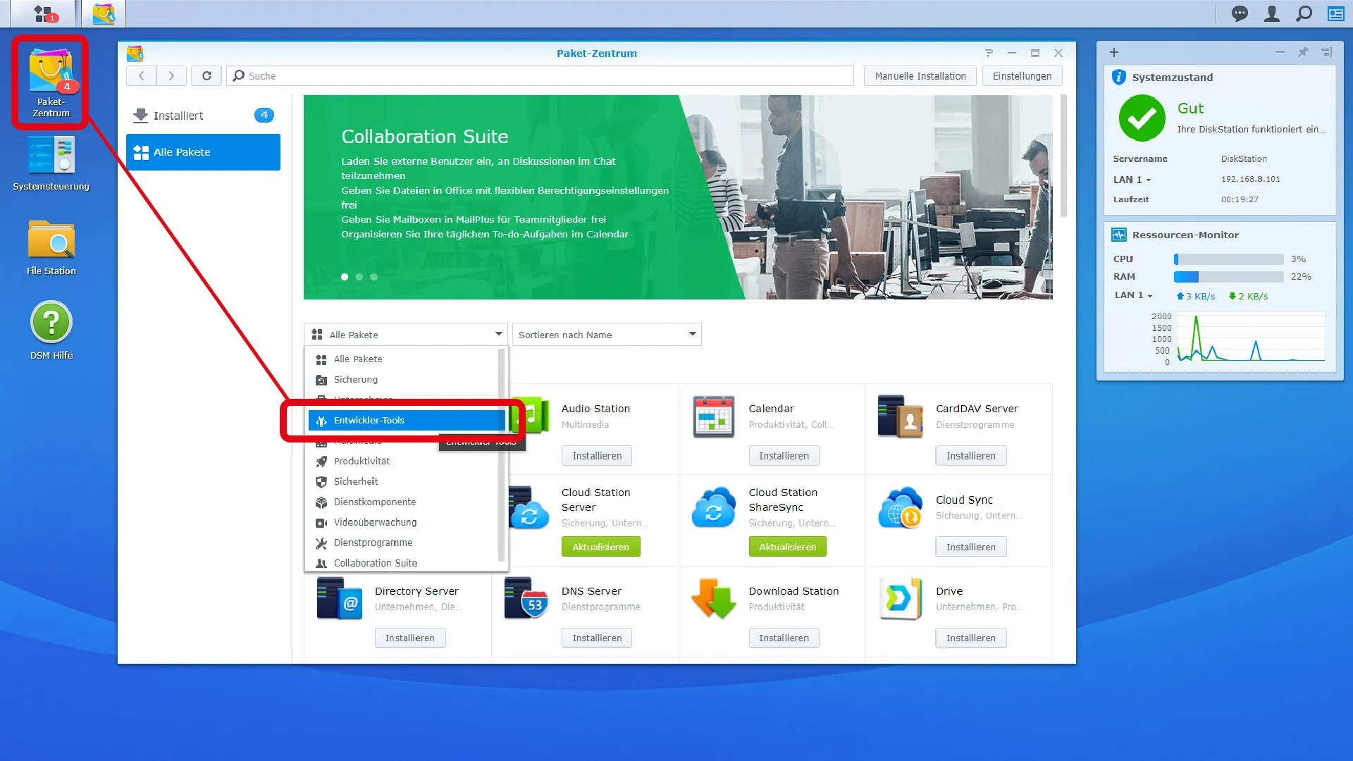 Synology Paket-Zentrum Entwickler-Tools