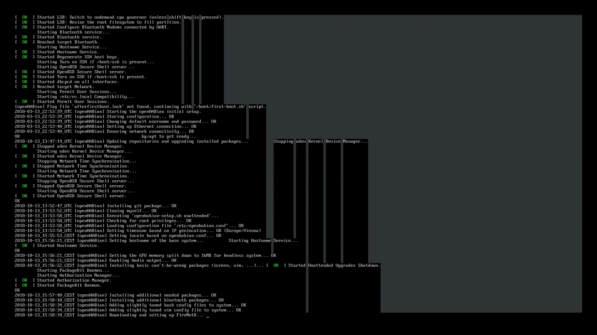 openHABian Konsole nach dem ersten Start