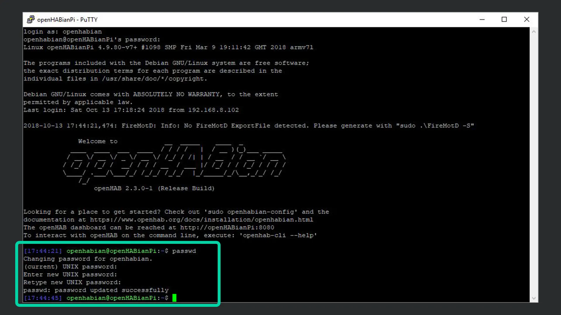 openHABian SSH-Passwort ändern mit passwd