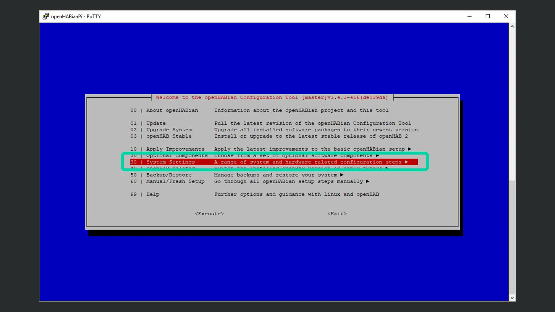 openHABian Konfigurationsmenü – System Settings
