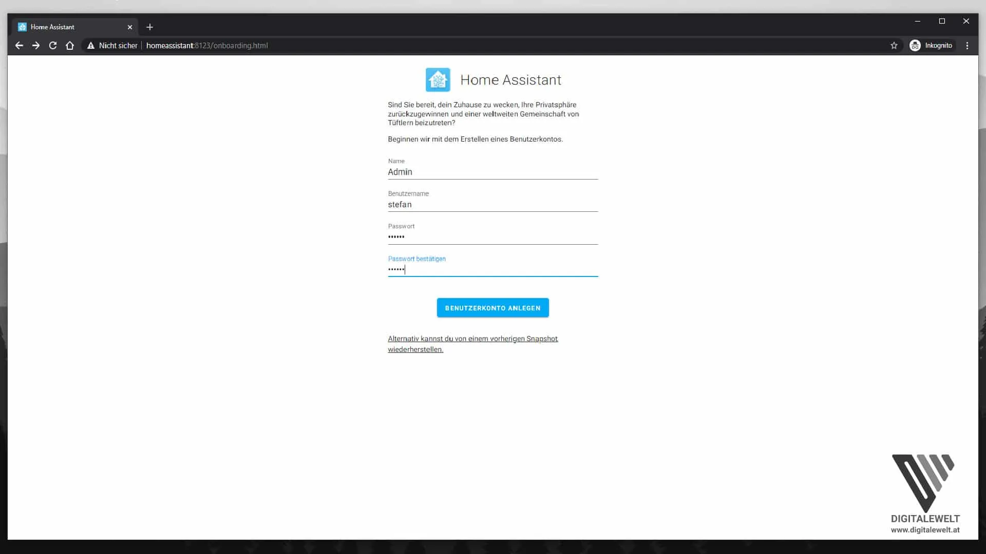 Admin-Konto für Home Assistant anlegen