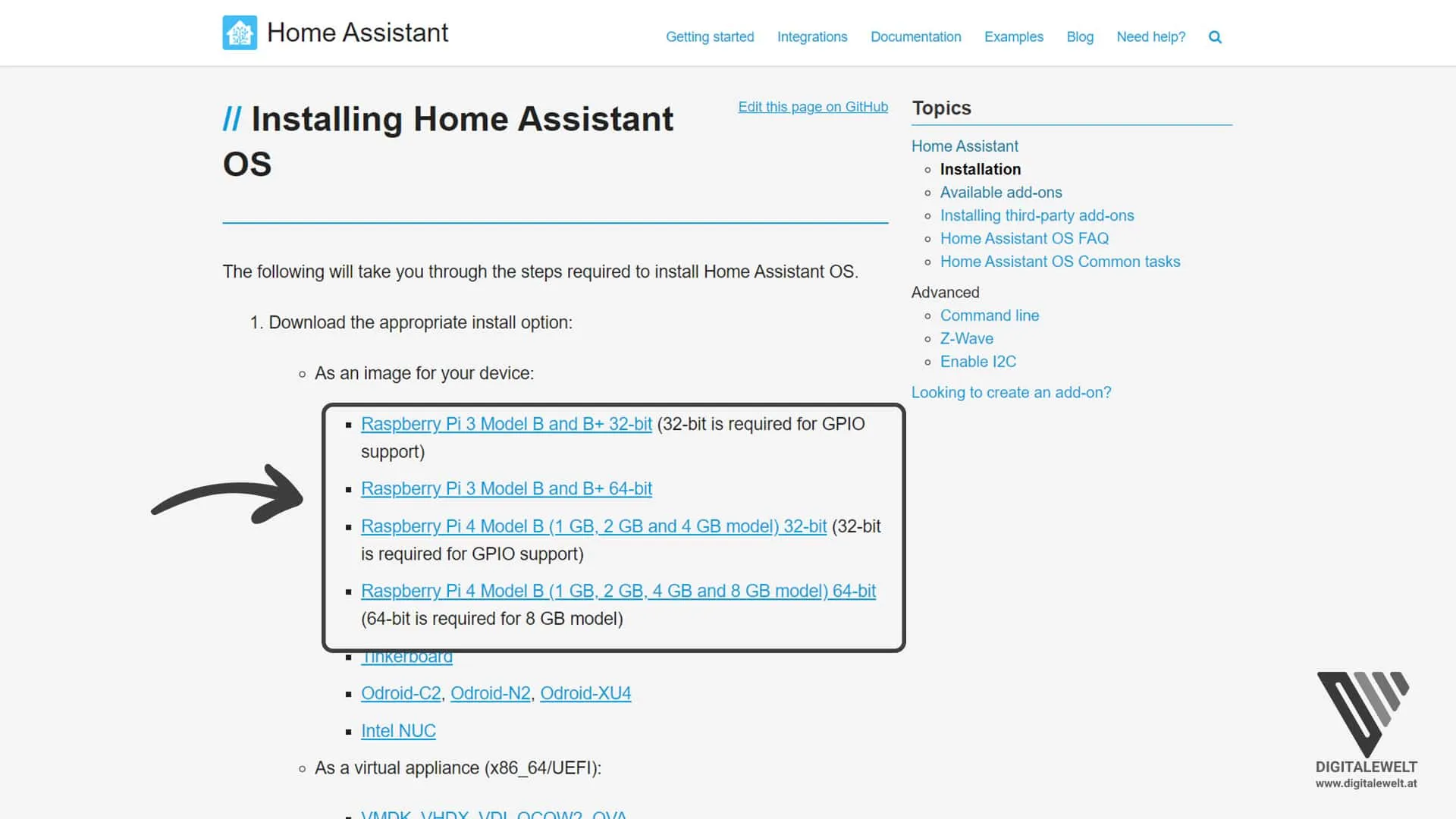 Home Assistant Image auf der offiziellen Download-Seite auswählen