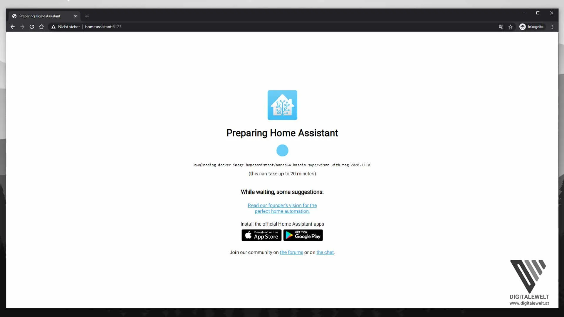 Home Assistant Installationsbildschirm – die erste Einrichtung dauert ca. 20 Minuten
