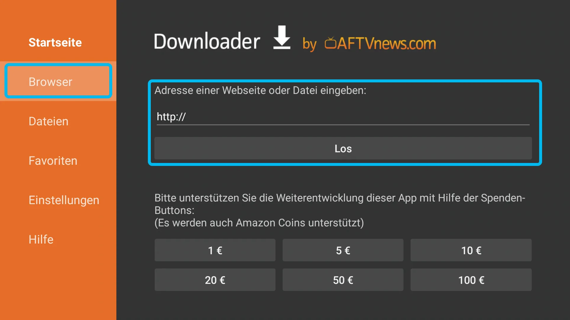 Downloader Browser – kodi.tv/download aufrufen