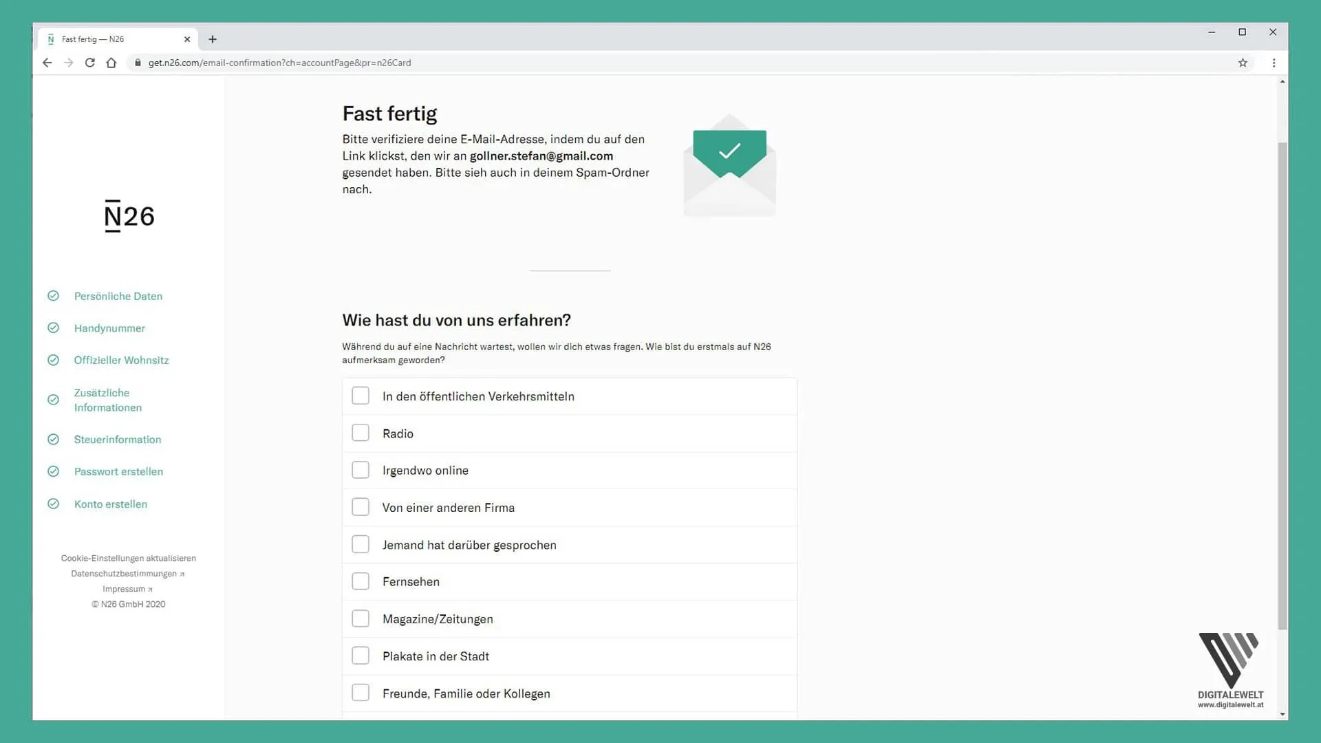 N26 Konto eröffnen – E-Mail bestätigen