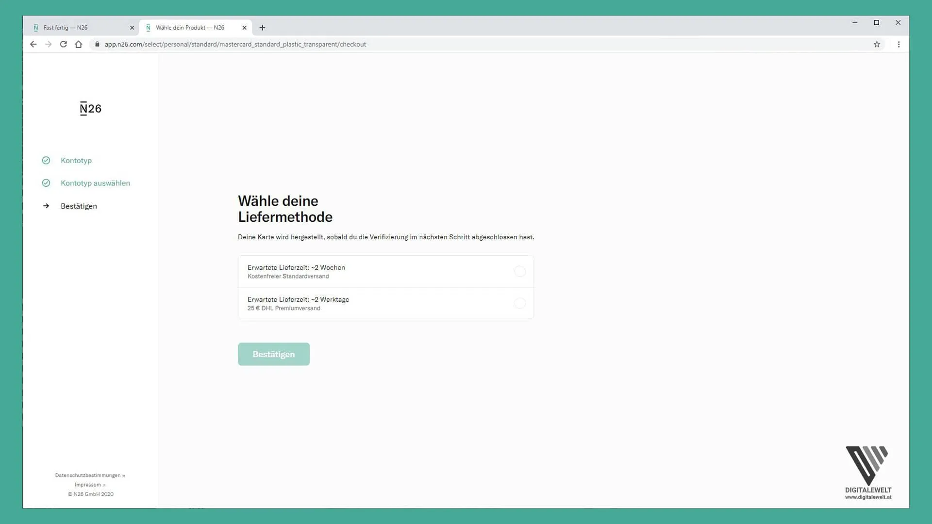 N26 Konto eröffnen – Liefermethode der Karte