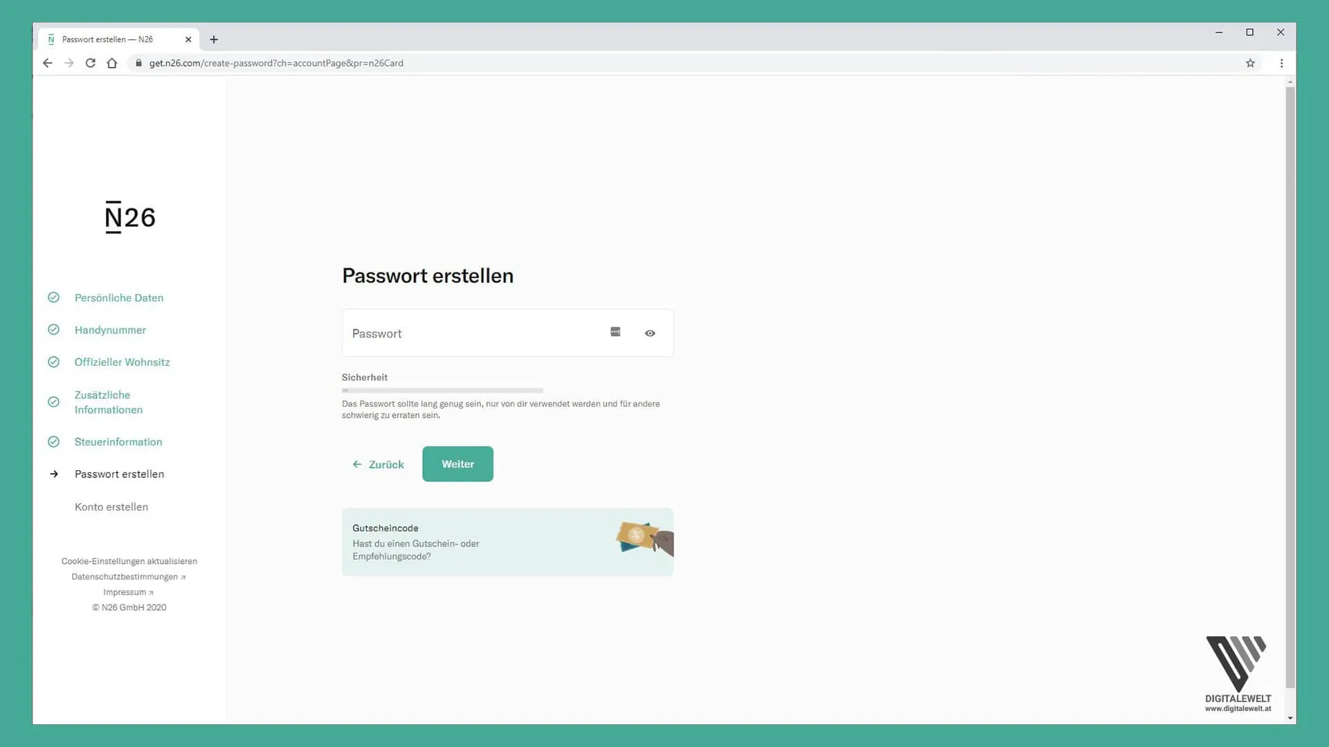 N26 Konto eröffnen – Passwort festlegen
