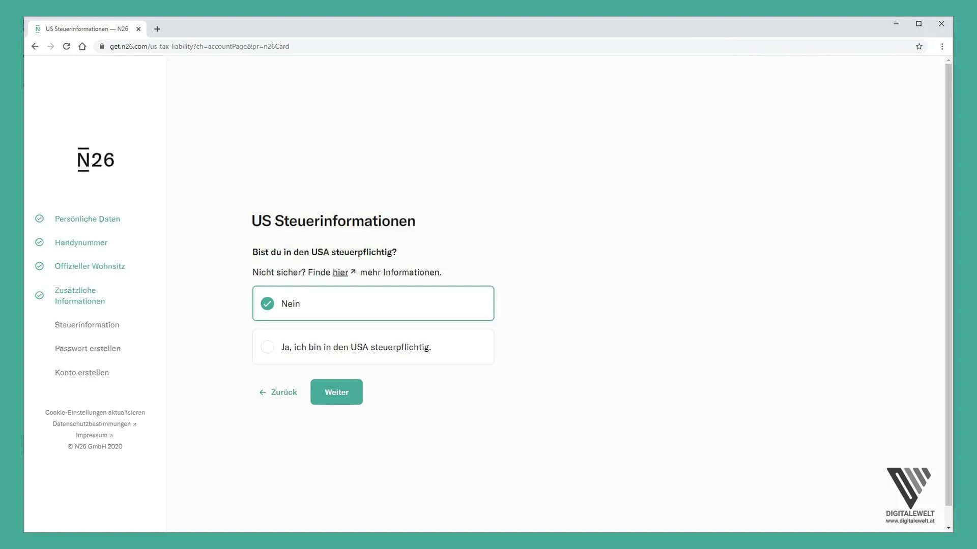 N26 Konto eröffnen – US-Steuerinformation