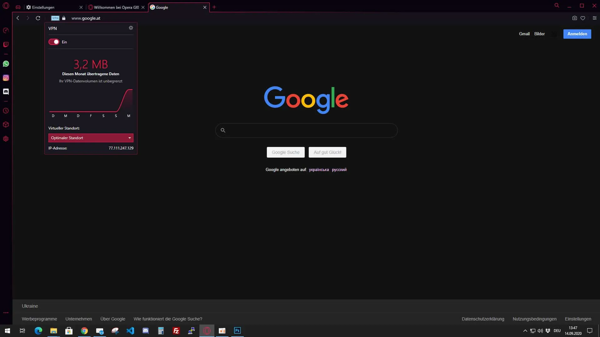 Opera GX – integriertes VPN in den Einstellungen