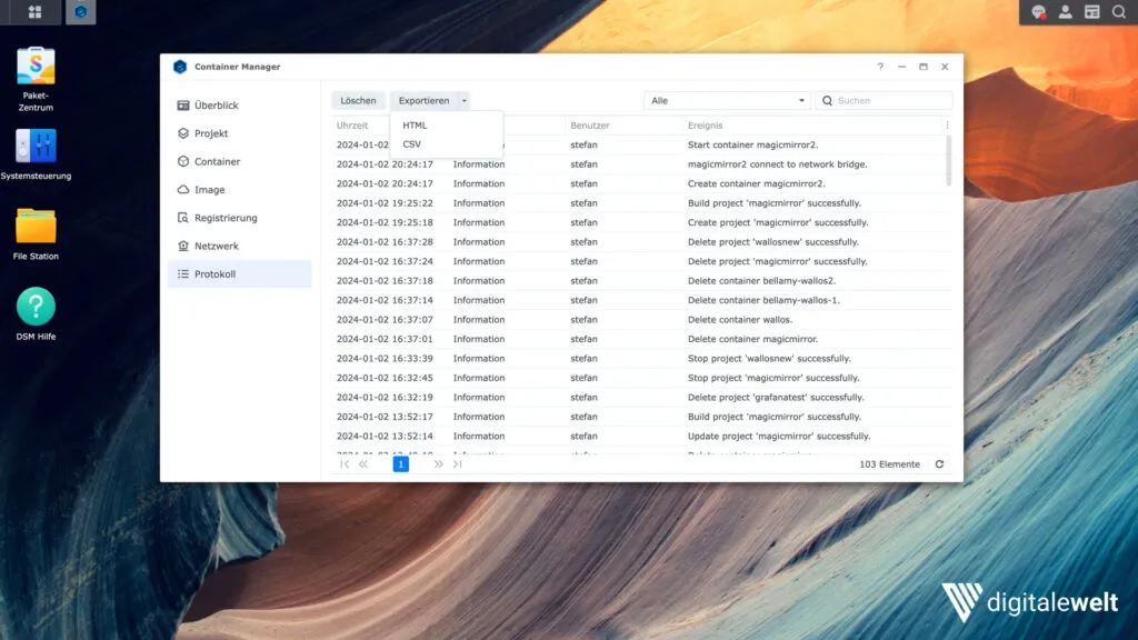 Docker-Protokoll mit allen Ereignissen