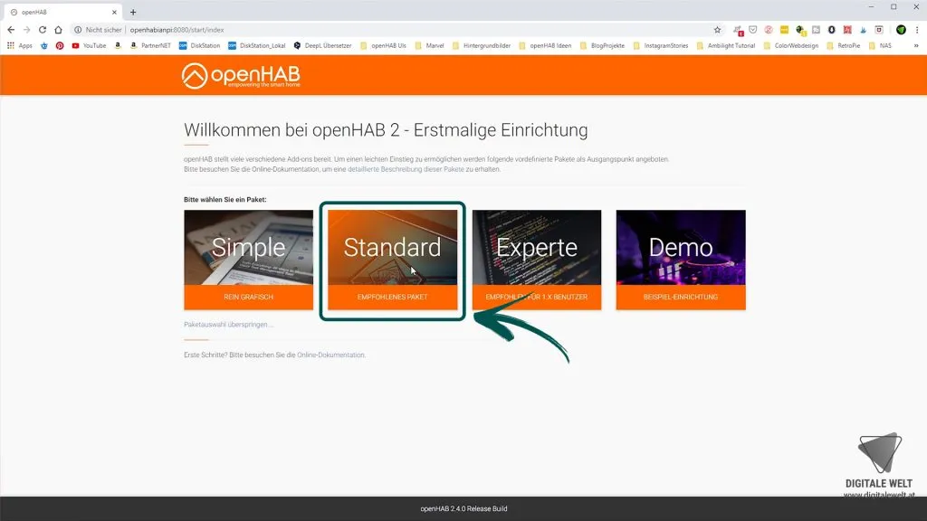 openHAB 2 Home Builder – Standard Paket bei Installation auswählen