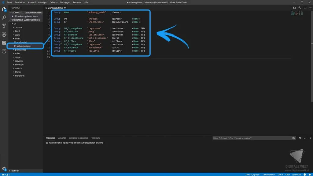 openHAB 2 Home Builder – wohnung.items Datei mit Code