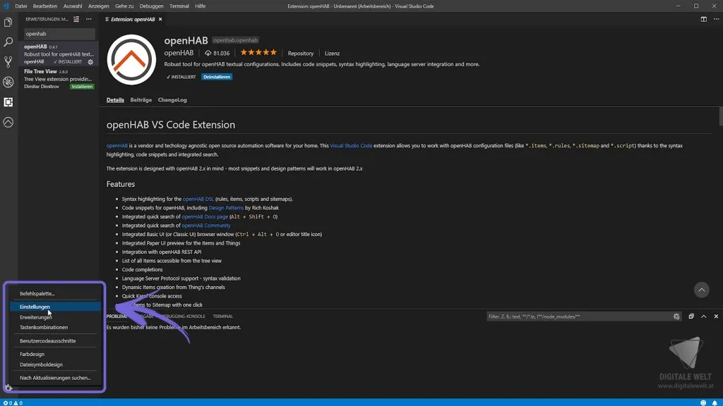 openHAB 2 Visual Studio Code – Einstellungen öffnen