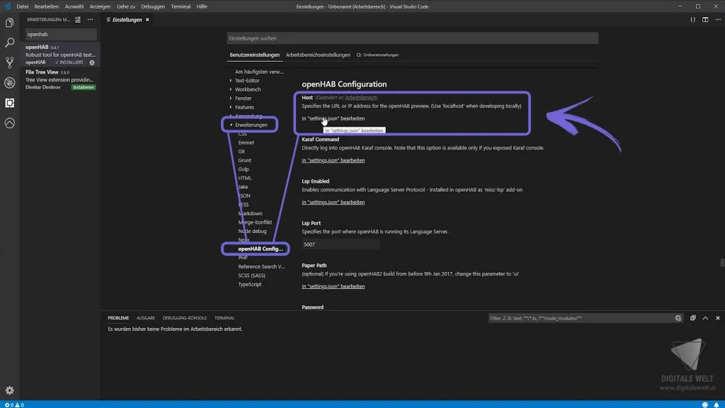 openHAB 2 Visual Studio Code – settings.json Host bearbeiten